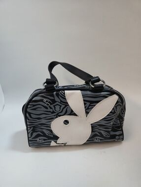 PLAYBOY Zebra Bowler Purse Bag With Handles Black And White